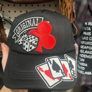 Black Trucker Hat with Playing Card and Dice Design